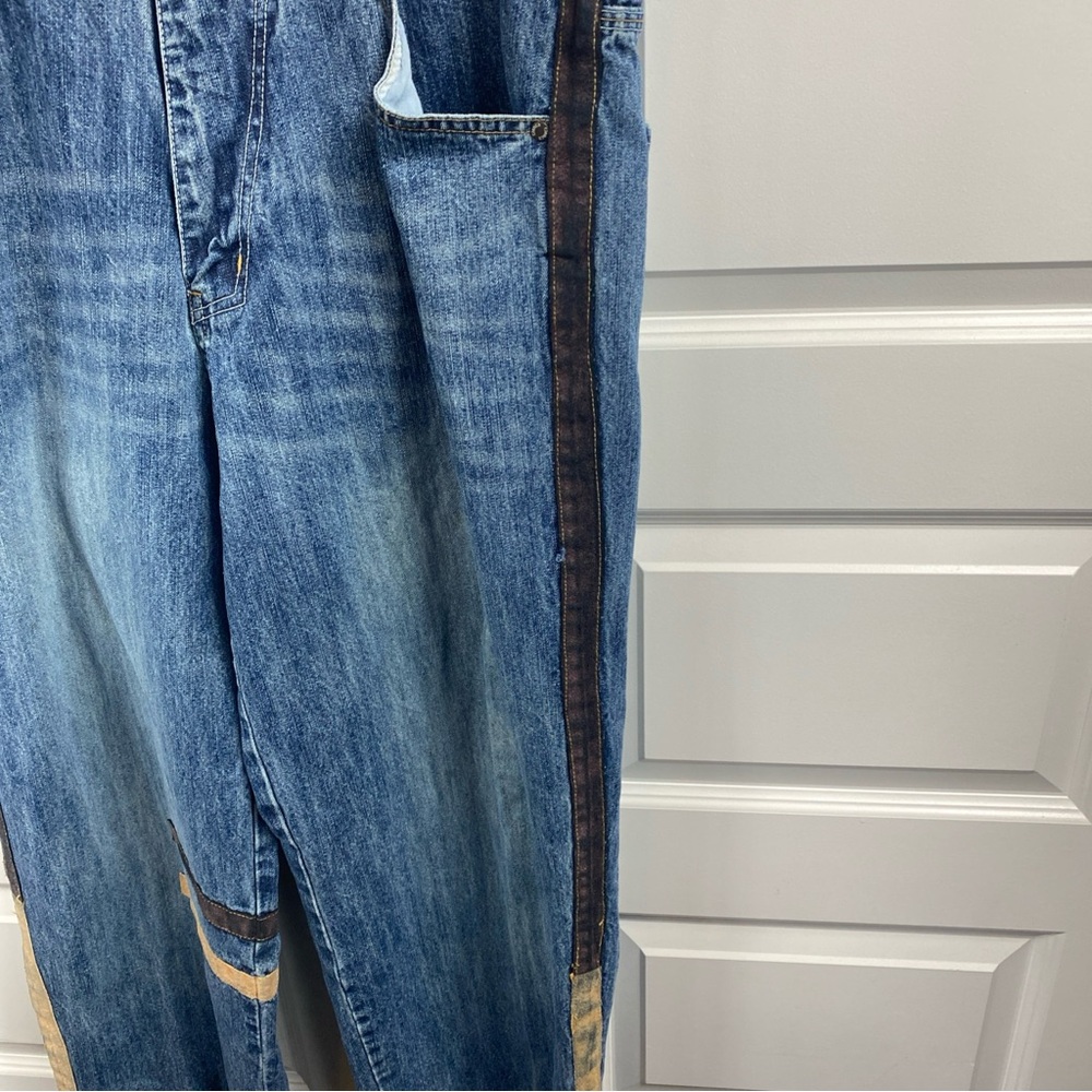 Clench Jeans Mens Y2K Jeans 36x32 Denim Grunge  Hip Hop Suede Stipe 2 Tone Patch - Picture 3 of 10